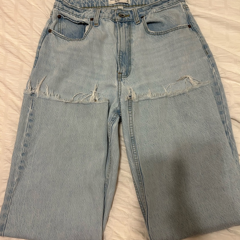 Light Wash Abercrombie and Fitch Distressed Wide Leg Jeans